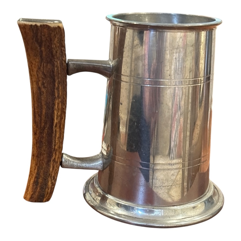 70s VINERS OF SHEFFIELD SILVER TONE TANKARD W STAG ANTLER HANDLE MADE IN ENGLAND
